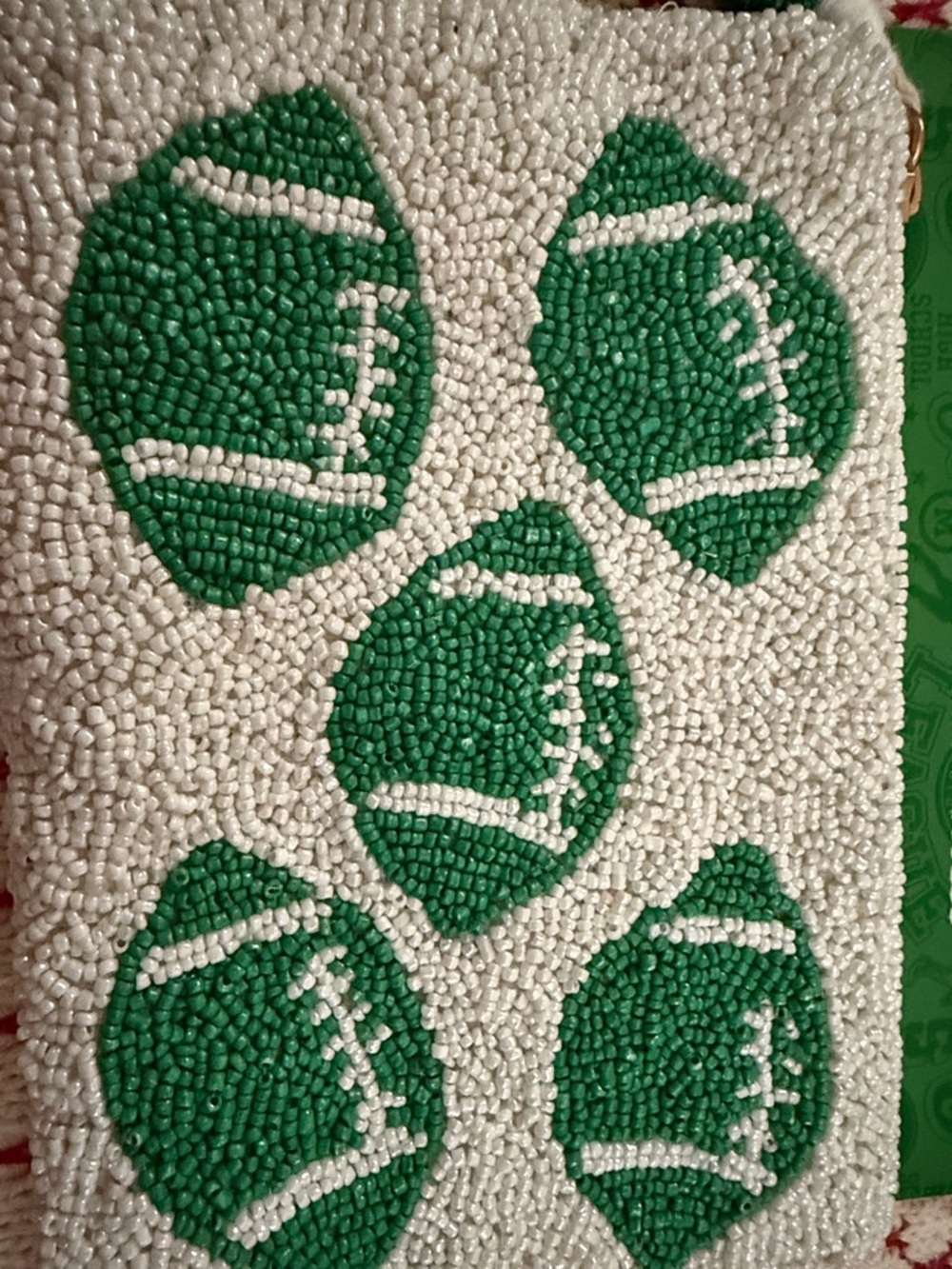 Wandering Moon India Handmade White Beaded Mini Pouch with Green Football Design - Picture 2 of 5